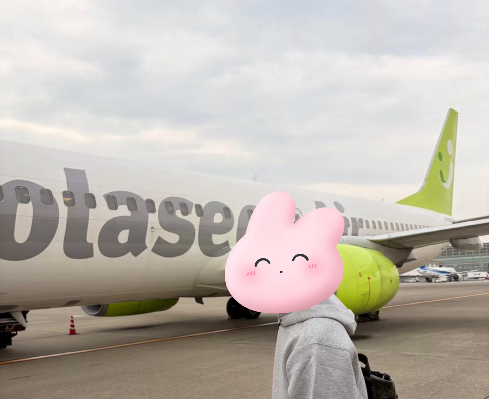 ソラシドエアの機体（アイコンは「人と人が向き合って笑顔が生まれる瞬間や、大空に浮かぶ笑顔を表現したデザイン」だそうです。素敵ですね。）